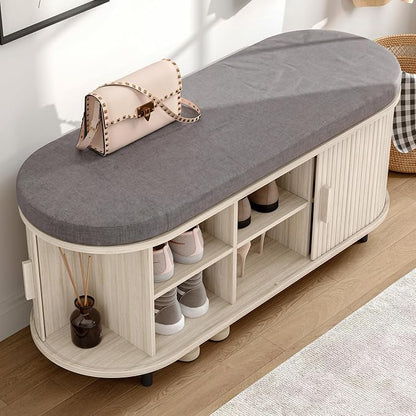ONBRILL 43" Shoe Bench with Storage, Fluted Shoe Storage Bench with Cushion, Sliding Door and Adjustable Shelf, for Entryway, Hallway, Living Room, Natural White