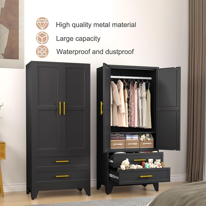 PAOFIN Black 71" Metal Armoire Wardrobe Closet, Bedroom Clothing Storage Cabinet with 2 Drawers and Hanging Rod, Freestanding Armoire Cabinet with Adjustable Shelves