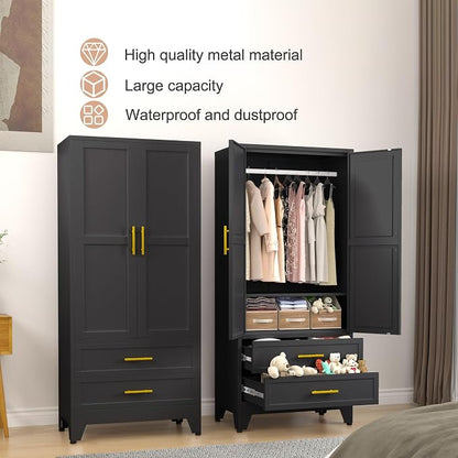 PAOFIN Black 71" Metal Armoire Wardrobe Closet, Bedroom Clothing Storage Cabinet with 2 Drawers and Hanging Rod, Freestanding Armoire Cabinet with Adjustable Shelves