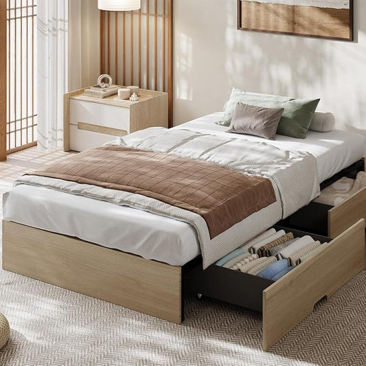 Garvee Twin Bed Frame with 2 Storage Drawers, Wood Platform Floor Bed Frame Without Headboard, Wood Slat Support, No Box Spring Needed, Easy Assembly