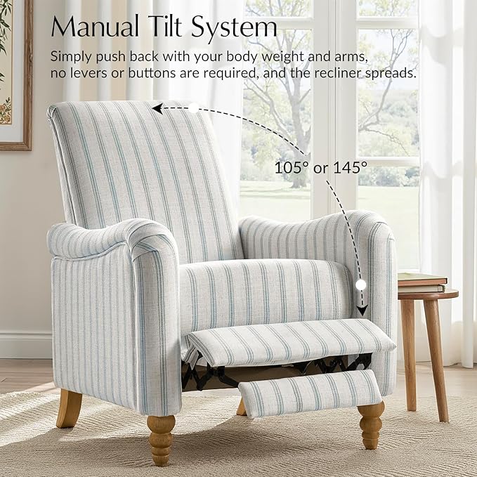 HULALA HOME Farmhouse Recliner Chair with Solid Wood Spindle Legs, Striped Push Back Recliner Armchair with Adjustable Backrest & Footrest, Comfy High Back Lazyboy Single Sofa for Living Room, Blue