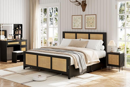Garvee Rattan Queen Bed Frame with 4 Storage Drawers, Boho Cane Bed Frame with LED Headboard (7 Colors), Strong Metal Slats Support, Noise Free, No Box Spring Needed, Easy Assembly, Black