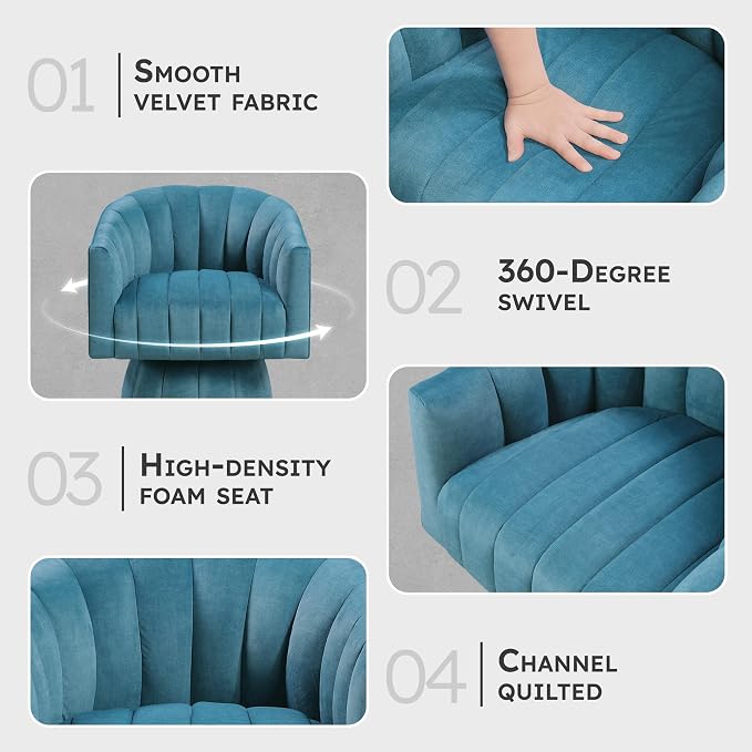 Lexicon Modern Swivel Accent Chair, Velvet Fabric Upholstered Swivel Lounge Chair with Rounded Base and Channel Stitching for Living Room/Bedroom/Office, Easy Assembly, Dark Teal