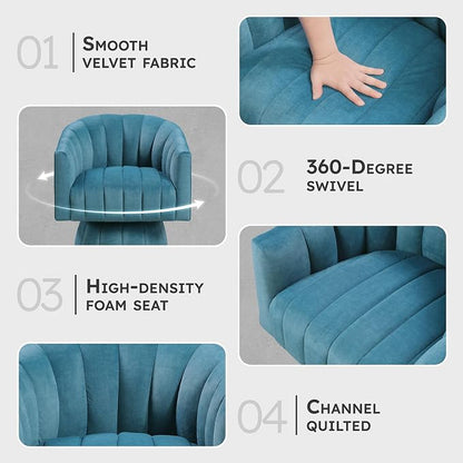 Lexicon Modern Swivel Accent Chair, Velvet Fabric Upholstered Swivel Lounge Chair with Rounded Base and Channel Stitching for Living Room/Bedroom/Office, Easy Assembly, Dark Teal