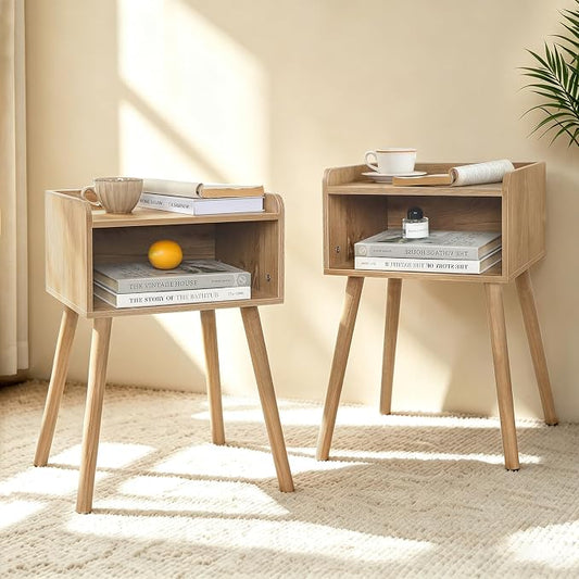 MaxSmeo End Tables Set of 2, Mid Century Modern Side Table Bedroom with Storage, Small Nightstands Set of 2 with Solid Wood Legs for Living Room, Office Small Spaces (Rustic Walnut)