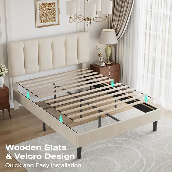 VECELO Queen Size Bed Frame with Upholstered Headboard, Heavy-Duty Bedframe with Strong Wooden Slats Support, No Boxing Spring Needed, Pale Beige
