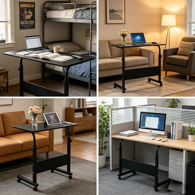Standing Desk - Adjustable Height Side Table, Portable Laptop Cart, C-Shaped Bed Couch End Table with Edge Stopper and Wheels for Living Room Bedroom Walking Pad Treadmill, 31.5 Inch, Black