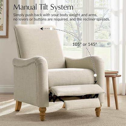 HULALA HOME Farmhouse Recliner Chair with Solid Wood Spindle Legs, Curved Push Back Recliner Armchair with Adjustable Backrest & Footrest, Comfy High Back Lazyboy Single Sofa for Living Room, Linen