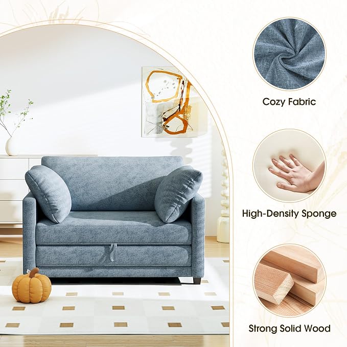 Myroyalsit 51" Convertible Loveseat Sofa Bed, 2-in-1 Folding Sofa Bed with 2 Pillow for Small Spaces, Modern Loveseat Sleeper Couch for Apartment, Living Room & Guest Room (Light Blue)