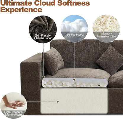 146''Cloud Boneless Sectional Couch, Modular Sectional Sofa Deep Seat, Oversized Upholstered Convertible Comfy 8 Seater Chenille Memory Foam Sofa U Shape Couches for Living Room, Brown