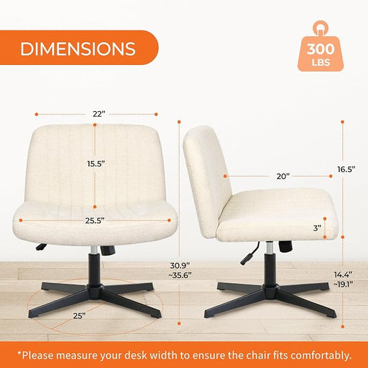 Orange Factory Criss Cross Chair No Wheel Wide Cross Legged Office Desk Vanity Chair Comfy Fabric Armless Adjustable Swivel for Home Computer Task (Beige No Wheel, Classic Fabric)