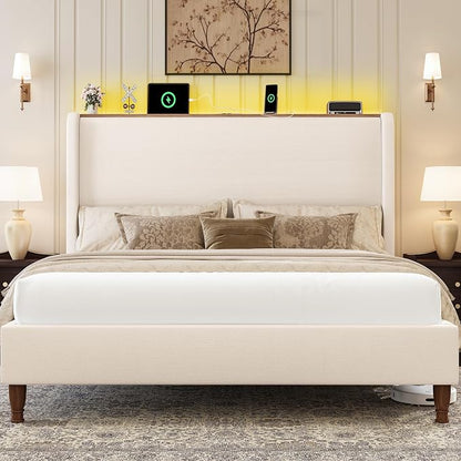 LARMACE Queen Size Bed Frame with LED Lights and Charging Station Linen Upholstered Platform Bed Frame with 51.2" Tall Headboard Wingback and Storage Shelf, No Box Spring Needed, Noise Free, Beige