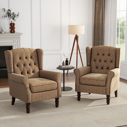 High Back Accent Chair, Fabric Wingback Chair Upholstered Armchair for Living Room, Retro Comfy Single Sofa Bedroom Reading Seat with Solid Wood Legs - Brown