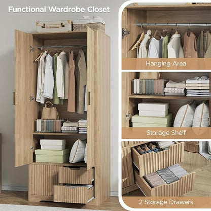 Vabches 71” Fluted Armoire Wardrobe Closet with 2 Doors and Drawers Tall Wooden Wardrobe Cabinet with Large Storage, Hanging Rod, 2 Shelves, Golden Metal Handle