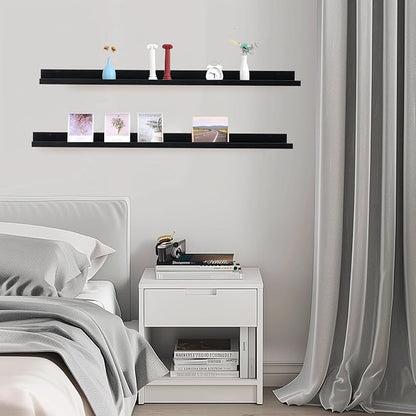 Muzilife 55" Large Floating Wall Ledge Shelves with Lip - Set of 2 Wood Floating Shelves - Black Wall Mounted Picture Ledge for Office, Bathroom, Bedroom, Living Room, Kitchen
