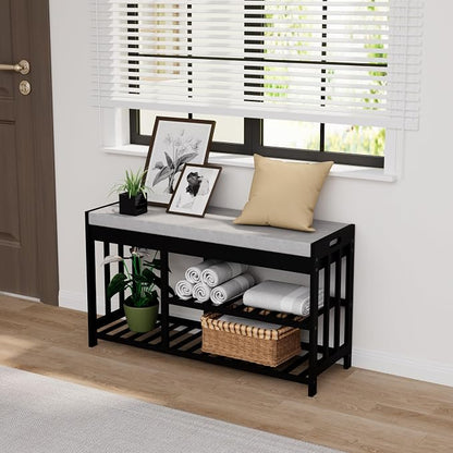 APRTAT 3-Tier Bamboo Shoe Rack Bench, Shoe Storage Organizer Bench, Entryway Benchs, Shoes Rack for Front Door Entrance, Entryway Bathroom Bedroom (Black, Large)