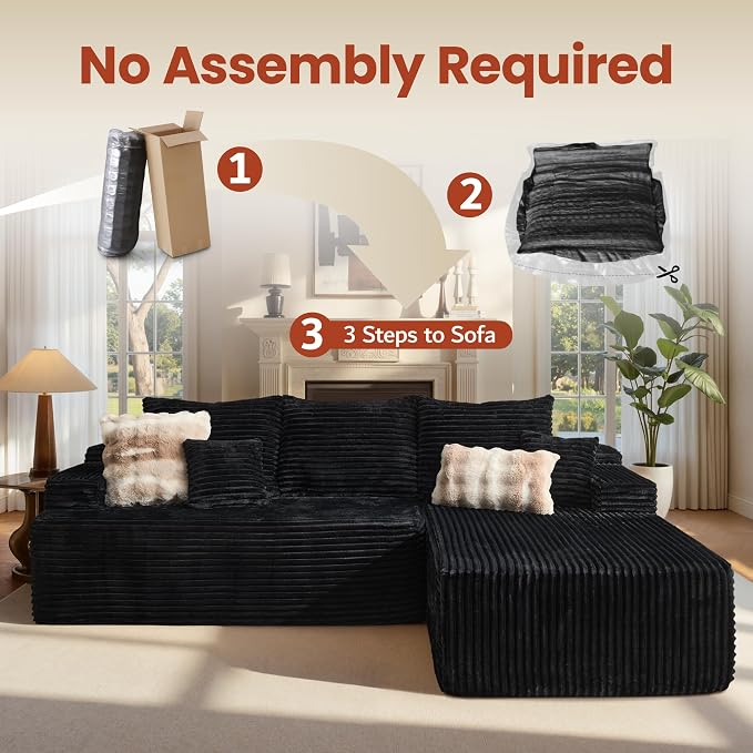 ovios 96" Cloud Sectional Couch with L-Shape Chaise,Modern Modular Sofa with Deep Seat, Upholstered Couches for Living Room Bedroom,No Assembly Required, Black (Plush Corduroy Fabric)