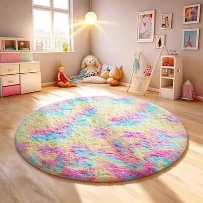 Ophanie Round Rugs 4Ft Rainbow Circle Area Rug, Colorful Unicorn Bedroom Dorm Decor for Teen Girls, Cute Fluffy Fuzzy Plush Soft Shaggy Living Room Carpet for Kids Baby Home Aesthetic Nursery Playroom