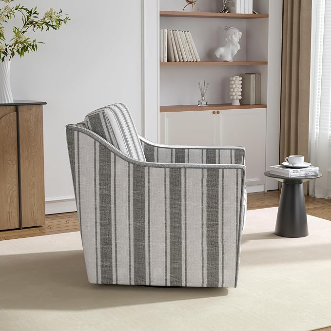Swivel Accent Chairs Set of 2, 360° Swivel Upholstered Club Armchairs for Living Room, Comfy Fabric Single Sofa Reading Chair with Deep Seat, Metal Swivel Base, Gray Stripe