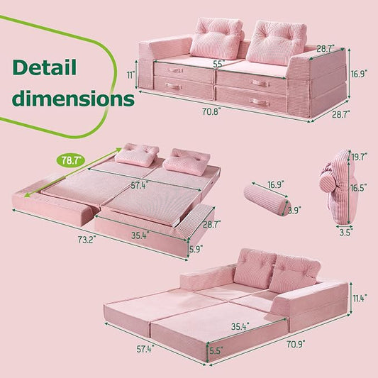 Folding Sofa Bed, 4 in 1 Convertible Sleeper Chair with Pillow, Loveseat Memory Foam Fold Out Chair Bed, Modern Floor Futon Sofa Couch Mattress for Living Room/Guest/Apartment, Pink