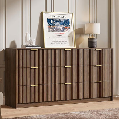 MAISONARIA 3-Piece Dresser Bedroom Set, 9 Drawer Dresser & 2 Drawer Nightstands with Gold Handles, Fluted Wood Chest of Drawers for Bedroom, Living Room, Entryway, Walnut
