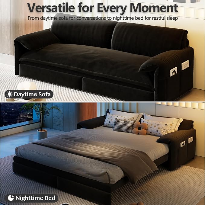 63.8" Sofa Bed Queen Size, Pull Out Couch Bed, 3-in-1 Convertible Sleeper Sofa with Side Pocket, Modern Velvet Futon Couch for Living Room, Small Space, Apartment, Bedroom, Black