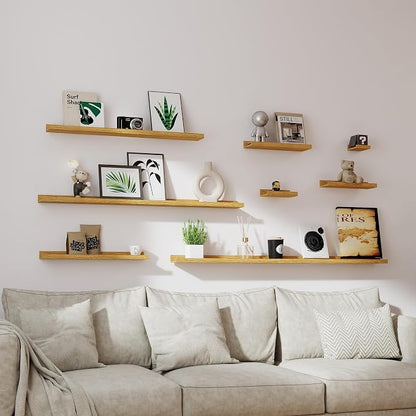 Floating Shelves for Wall Decor, Wall Mounted Wood Storage Shelf for Bedroom, Living Room, Bathroom, Kitchen, Nursery, Display Picture Ledge Shelf with Lip Set of 2-16 Inches, Oak