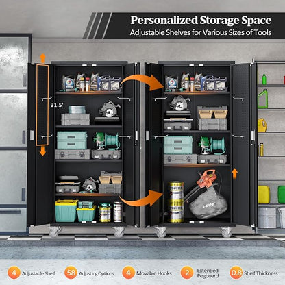 VINGLI 72'' Tall Garage Storage Cabinet, Metal Storage Cabinet with Pegboards, Wheels, Locking Doors and Adjustable Shelves (Black, 32''W x 16''D x 72''H)