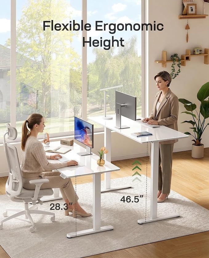 Marsail Glass Electric Standing Desk with Drawer, 48 x 24 Inches Height-Adjustable Desk, One-Piece Tempered Glass Top, Ergonomic Home Office Sit Stand Desk with 4 Preset Heights, White