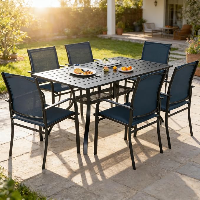 SUNCROWN 7 Pieces Outdoor Dining Set, Patio Furniture Set with 6 x Textilene Dinning Chairs and 1 Steel Slat Metal Bistro Table for Garden Lawn Backyard Deck (Dark Blue)