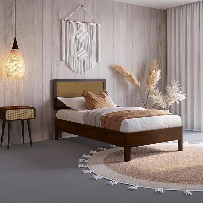 Bme Nipe 14 Inch Deluxe Bed Frame with Adjustable Headboard - Rustic & Bohemian Unique Style with Acacia Wood - No Box Spring Needed - 12 Strong Wood Slat Support - Easy Assembly - Twin, Walnut