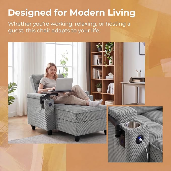 Convertible Sleeper Chair, Pull Out Sofa Bed with Adjustable Backrest & Hidden Storage Armrest, Single Sofa Recliner with USB Charging Port & Cup Holders for Living Room, Bedroom, Gray