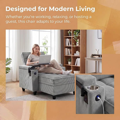 Convertible Sleeper Chair, Pull Out Sofa Bed with Adjustable Backrest & Hidden Storage Armrest, Single Sofa Recliner with USB Charging Port & Cup Holders for Living Room, Bedroom, Gray