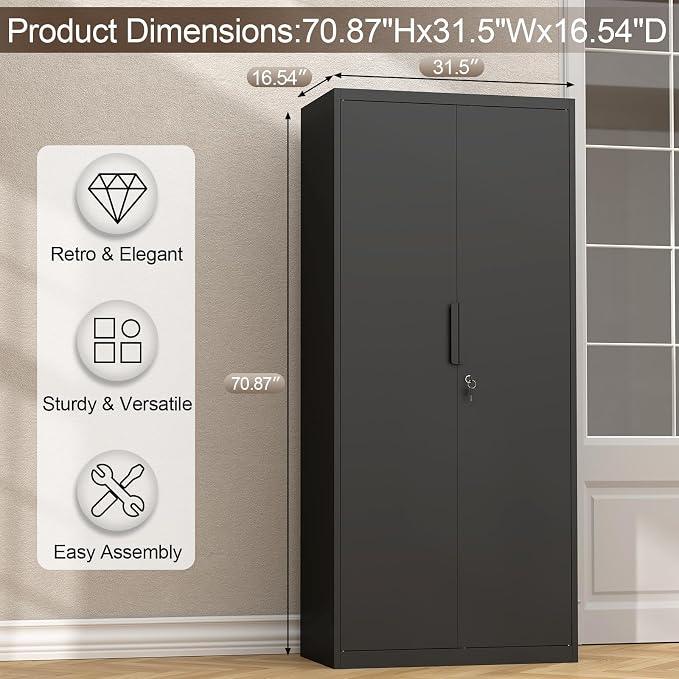 GREATMEET Metal Garage Storage Cabinets with Lock Door and Adjustable Shelves, 71'' x 32'' x 17'' Black Steel Tool Cabinets for Home Office Warehouse
