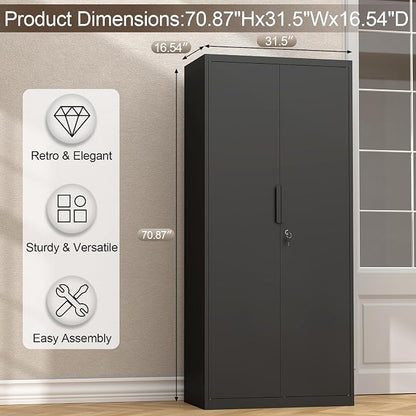 GREATMEET Metal Garage Storage Cabinets with Lock Door and Adjustable Shelves, 71'' x 32'' x 17'' Black Steel Tool Cabinets for Home Office Warehouse