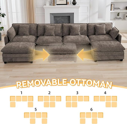 147'' Sectional Cloud Deep Seat Couch, Oversized Chenille U Shaped Sectional Sofa for Living Room Set, Comfy Upholstered Modular Sectional Sofa Couch with 2 Movable Ottoman, Brown