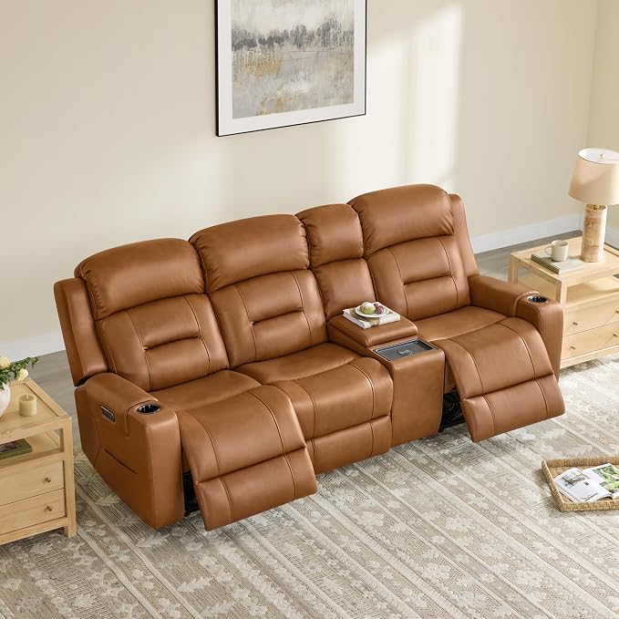 Watson & Whitely Genuine Leather Power Recliner Sofa, Lay Flat Reclining Sofa with Storage Console, Power Headrest & Cup Holders, 3 Seater Electric Reclining Couch for Living Room, Saddle Brown