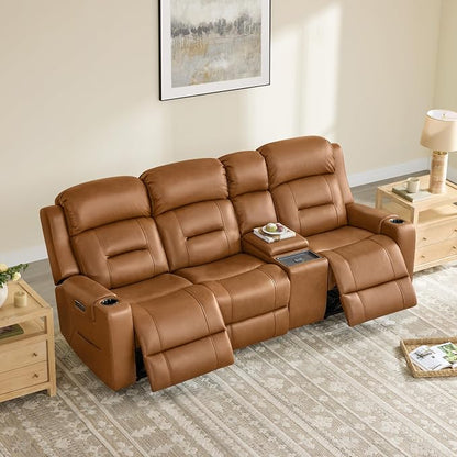 Watson & Whitely Genuine Leather Power Recliner Sofa, Lay Flat Reclining Sofa with Storage Console, Power Headrest & Cup Holders, 3 Seater Electric Reclining Couch for Living Room, Saddle Brown