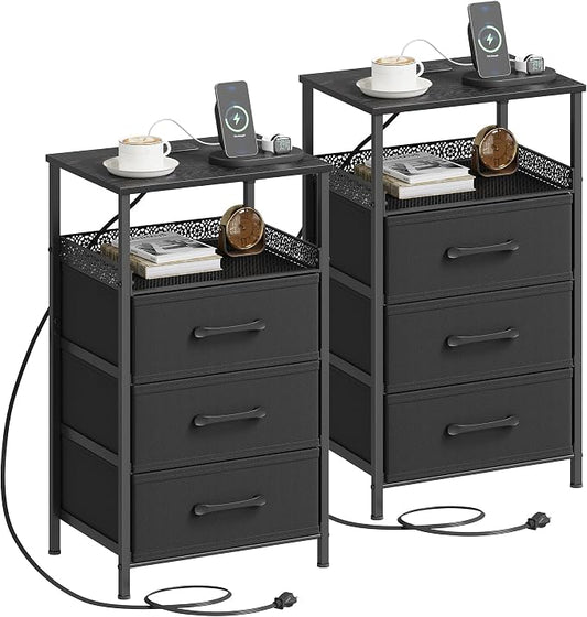 JARHETUN Nightstand Set of 2, Night Stands with Charging Station, 26.4 Inch Tall Bedside Table with Metal Shelf, Modern Side End Table with 3 Fabirc Drawers, Small Dresser for Bedroom, Black