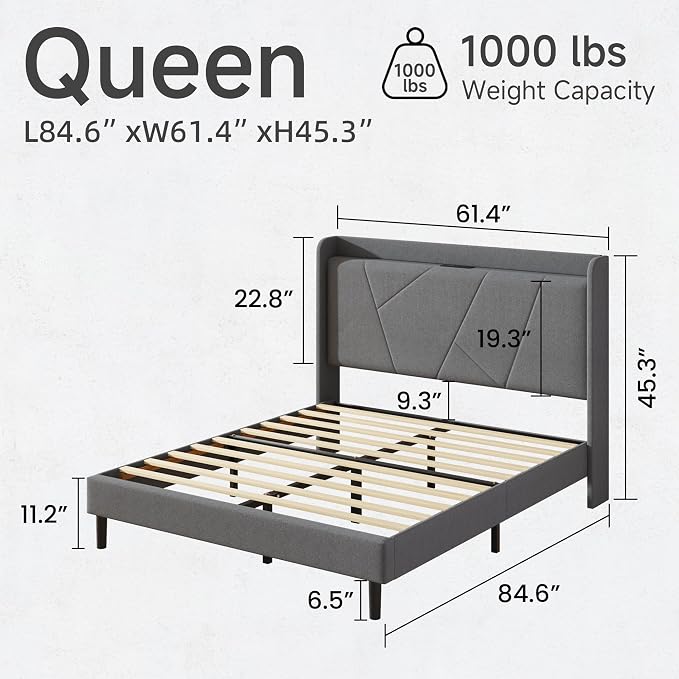 Queen Size Linen Bed Frame, Storage Headboard with Charging Station, Upholstered Platform Bed with Wooden Slats Support, Solid and Stable, Noise Free, No Box Spring Needed, Easy Assembly, Gray