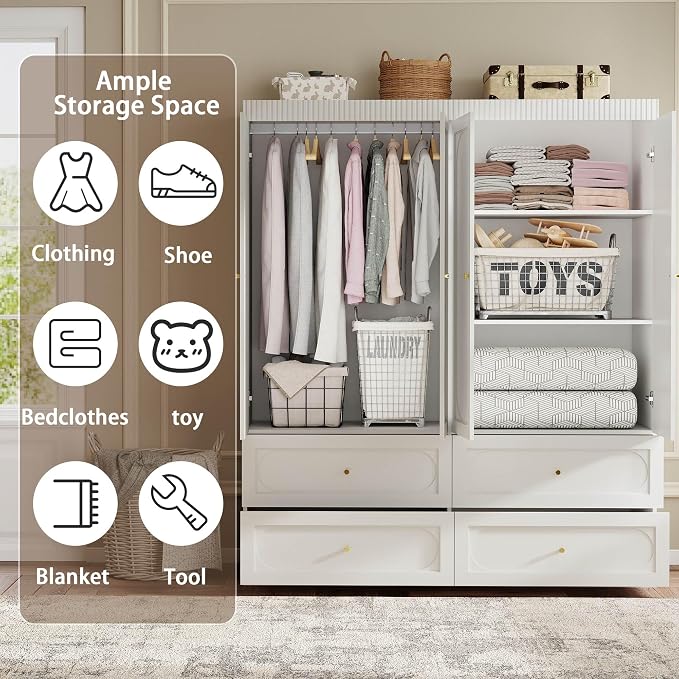 White Armoire Wardrobe Closet: 74" Large Wardrobe Closet with 4 Drawers, 4 Door Armoire Wardrobes for Hanging Clothes, Modern Wooden Closets for Bedroom (White)