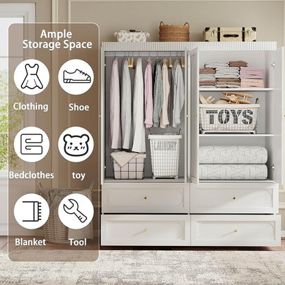 White Armoire Wardrobe Closet: 74" Large Wardrobe Closet with 4 Drawers, 4 Door Armoire Wardrobes for Hanging Clothes, Modern Wooden Closets for Bedroom (White)