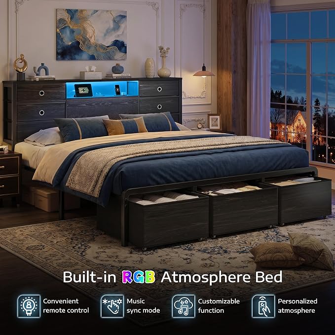 Homkdom King Size Bed Frame with 9 Fabric Drawers Storage, Charging Station & LED Lights, Metal Platform Bed Frame with Headboard,Noise-Free and Easy Assembly,Black