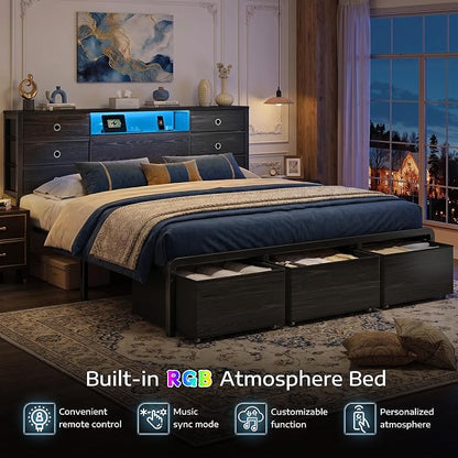 Homkdom King Size Bed Frame with 9 Fabric Drawers Storage, Charging Station & LED Lights, Metal Platform Bed Frame with Headboard,Noise-Free and Easy Assembly,Black