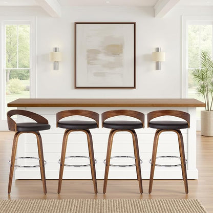 Armen Living Sonia 30" Bar Height Swivel Brown Faux Leather and Walnut Wood Bar Stool - Set of 4