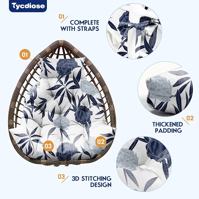 Outdoor Hanging Egg Chair Cushion Replacement, Extra Large Waterproof Egg Swing Cushions with Headrest Pillow and Ties, U-Shaped Thickened Cushion for Hanging Eggs Chair (Blue Enchantress)