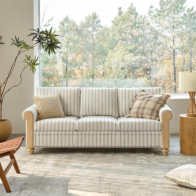 EcoHarbor Living 3-Seater Couch, Stripe 81" Mid-Century Modern Upholstered Sofa with Armrests, Stripe Couches for Living Room, Bedroom, Office, Apartment