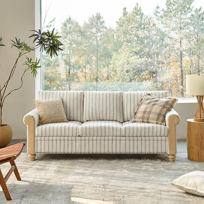 EcoHarbor Living 3-Seater Couch, Stripe 81" Mid-Century Modern Upholstered Sofa with Armrests, Stripe Couches for Living Room, Bedroom, Office, Apartment