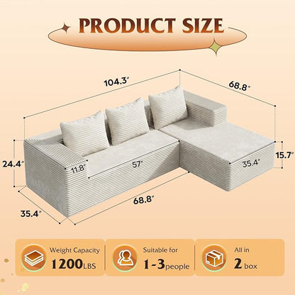 WLIVE 104'' Cloud Sectional Couches for Living Room, Modular Boneless Couch with Left Facing Chaise, L Shape Memory Foam Corduroy, with Cushion, Beige