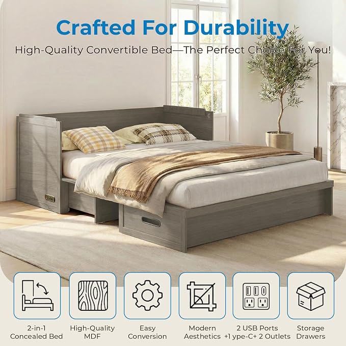 Mjkone Queen Size Murphy Cabinet Bed with Mattress Include, Queen Cube Cabinet Bed with Storage Drawer, Modern Murphy Beds with USB Charging Station for Guest Room Living Room Apartment, Grey